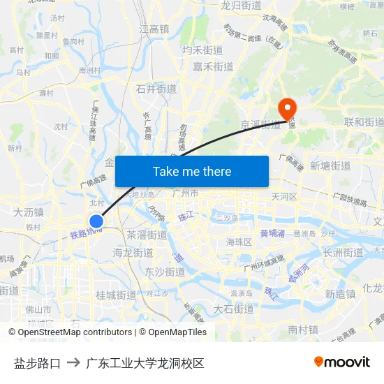 盐步路口 to 广东工业大学龙洞校区 map