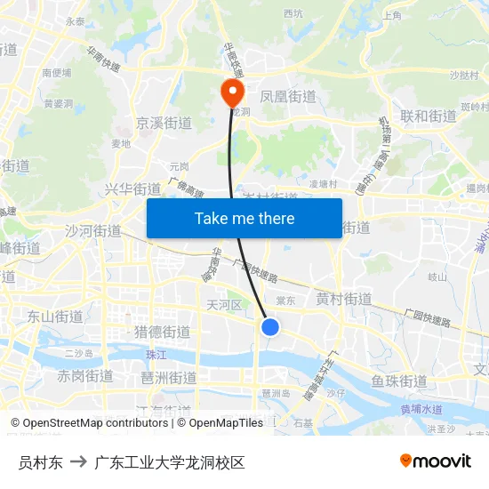 员村东 to 广东工业大学龙洞校区 map