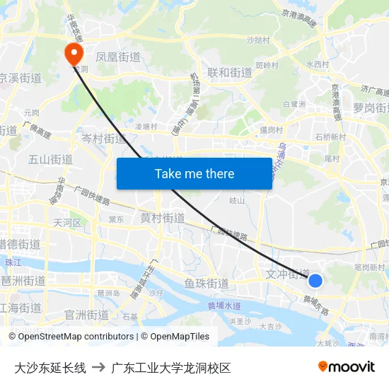 大沙东延长线 to 广东工业大学龙洞校区 map