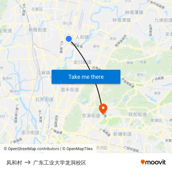 凤和村 to 广东工业大学龙洞校区 map