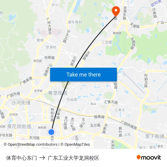 体育中心东门 to 广东工业大学龙洞校区 map