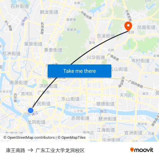 康王南路 to 广东工业大学龙洞校区 map