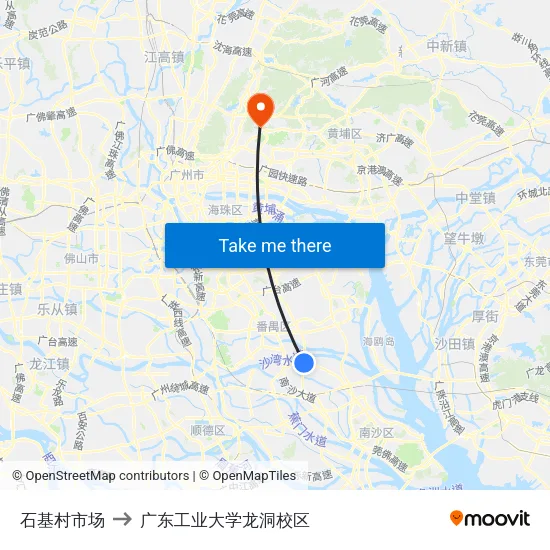 石基村市场 to 广东工业大学龙洞校区 map
