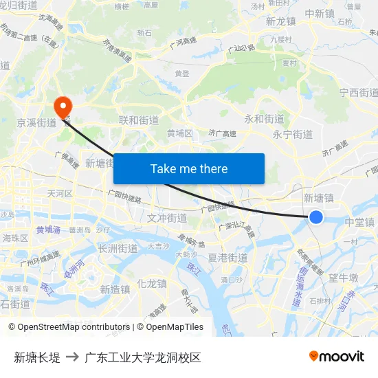 新塘长堤 to 广东工业大学龙洞校区 map
