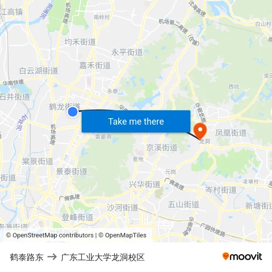 鹤泰路东 to 广东工业大学龙洞校区 map
