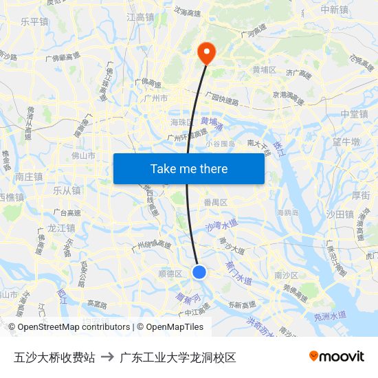 五沙大桥收费站 to 广东工业大学龙洞校区 map