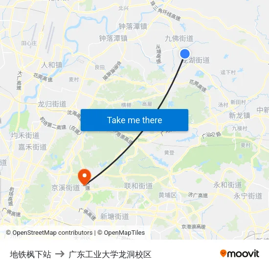 地铁枫下站 to 广东工业大学龙洞校区 map