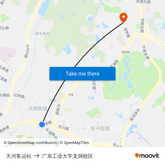 天河客运站 to 广东工业大学龙洞校区 map