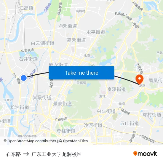 石东路 to 广东工业大学龙洞校区 map