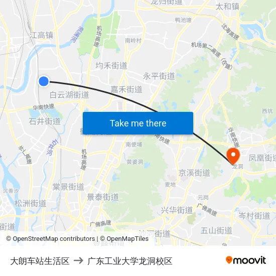大朗车站生活区 to 广东工业大学龙洞校区 map