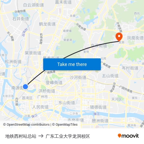 地铁西村站总站 to 广东工业大学龙洞校区 map