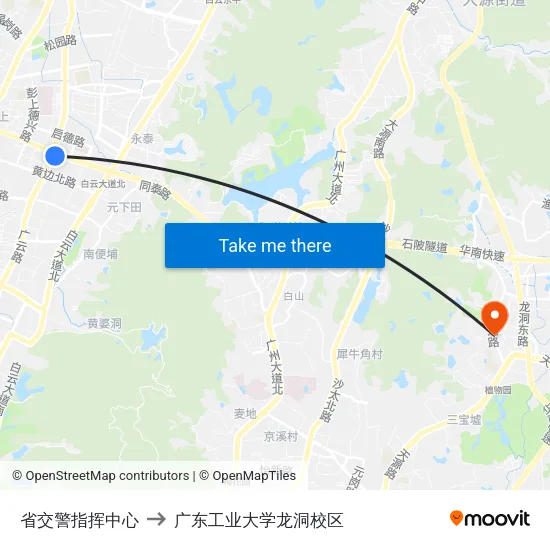 省交警指挥中心 to 广东工业大学龙洞校区 map