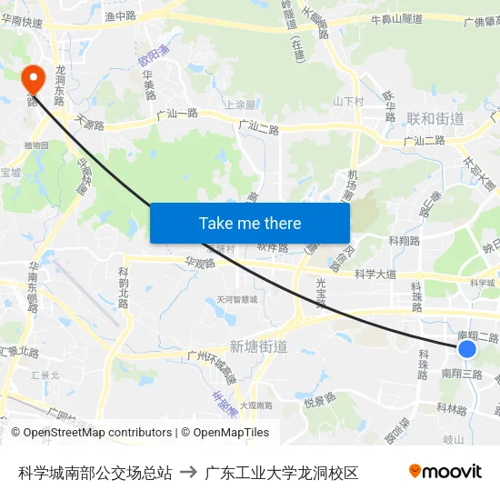 科学城南部公交场总站 to 广东工业大学龙洞校区 map