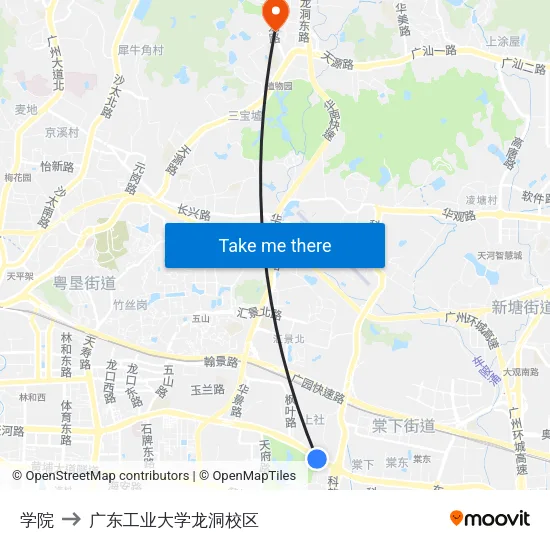 学院 to 广东工业大学龙洞校区 map