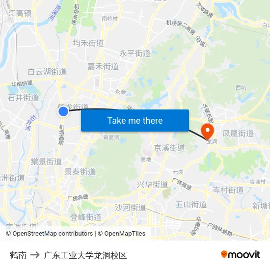 鹤南 to 广东工业大学龙洞校区 map