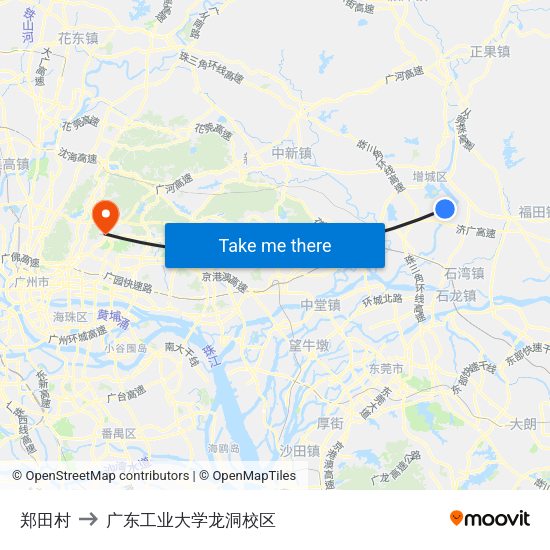 郑田村 to 广东工业大学龙洞校区 map