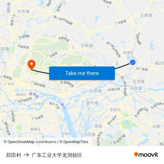 郑田村 to 广东工业大学龙洞校区 map