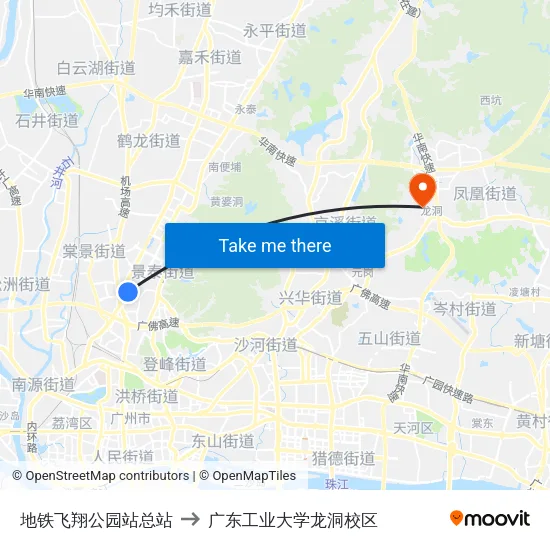 地铁飞翔公园站总站 to 广东工业大学龙洞校区 map