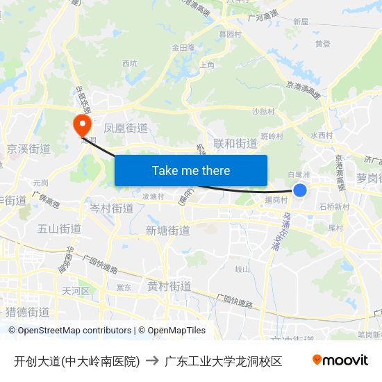 开创大道(中大岭南医院) to 广东工业大学龙洞校区 map