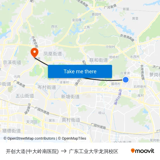 开创大道(中大岭南医院) to 广东工业大学龙洞校区 map