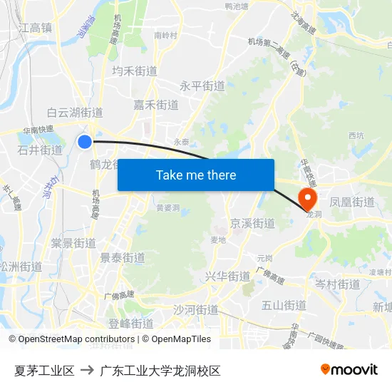 夏茅工业区 to 广东工业大学龙洞校区 map