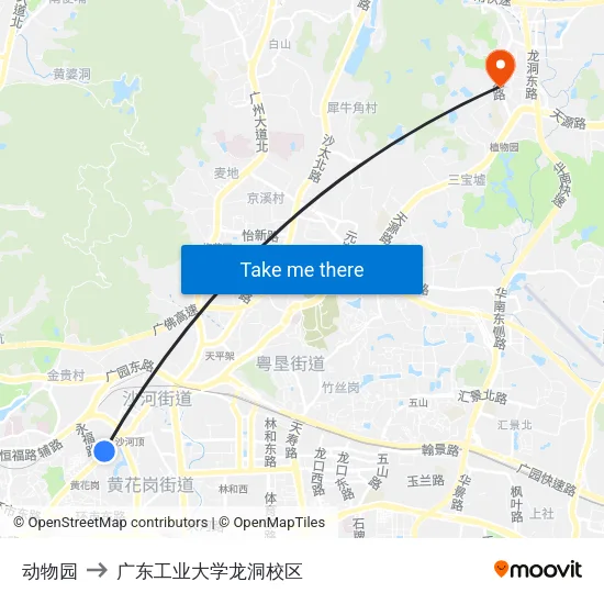 动物园 to 广东工业大学龙洞校区 map