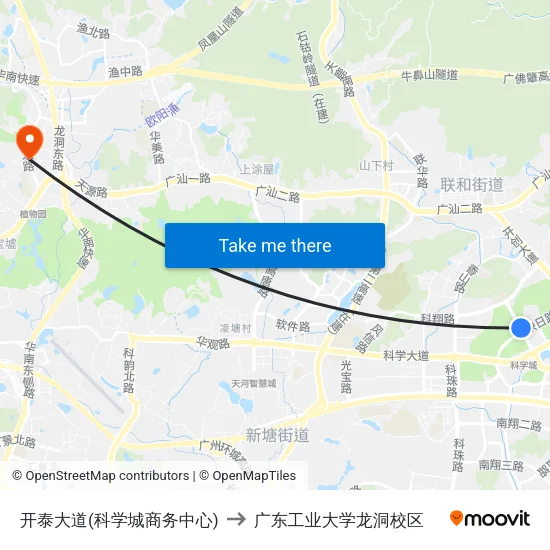 开泰大道(科学城商务中心) to 广东工业大学龙洞校区 map