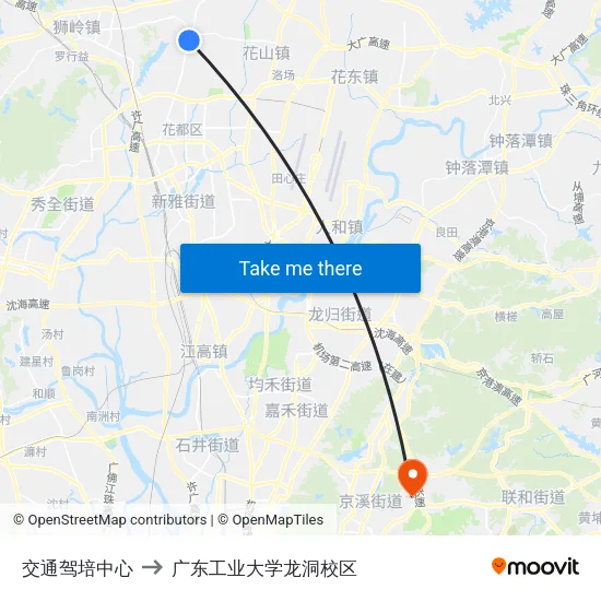 交通驾培中心 to 广东工业大学龙洞校区 map