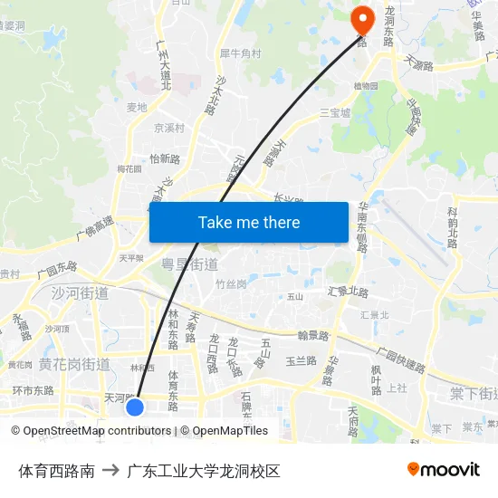 体育西路南 to 广东工业大学龙洞校区 map