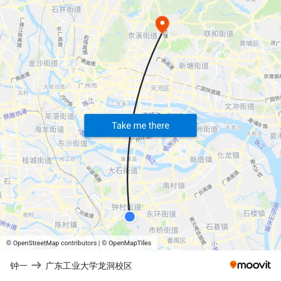 钟一 to 广东工业大学龙洞校区 map