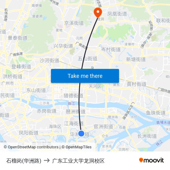 石榴岗(华洲路) to 广东工业大学龙洞校区 map