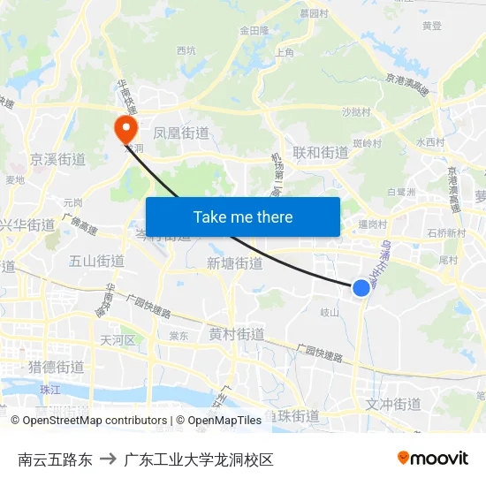 南云五路东 to 广东工业大学龙洞校区 map
