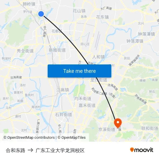 合和东路 to 广东工业大学龙洞校区 map