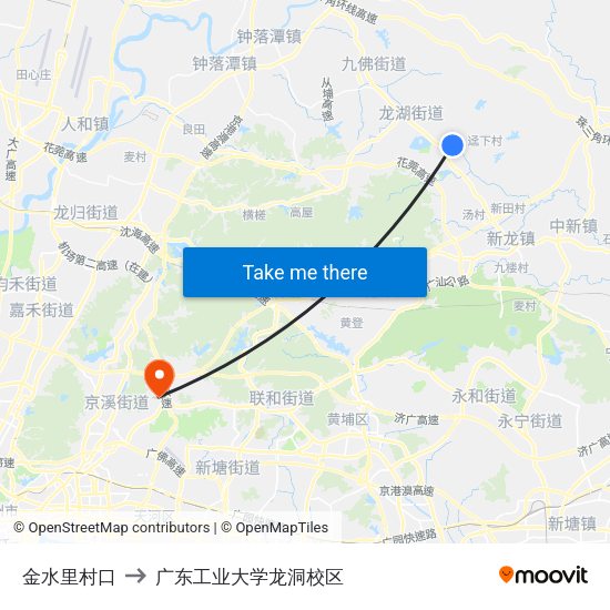 金水里村口 to 广东工业大学龙洞校区 map