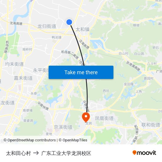 太和田心村 to 广东工业大学龙洞校区 map