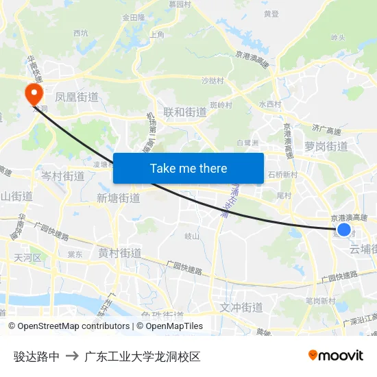 骏达路中 to 广东工业大学龙洞校区 map