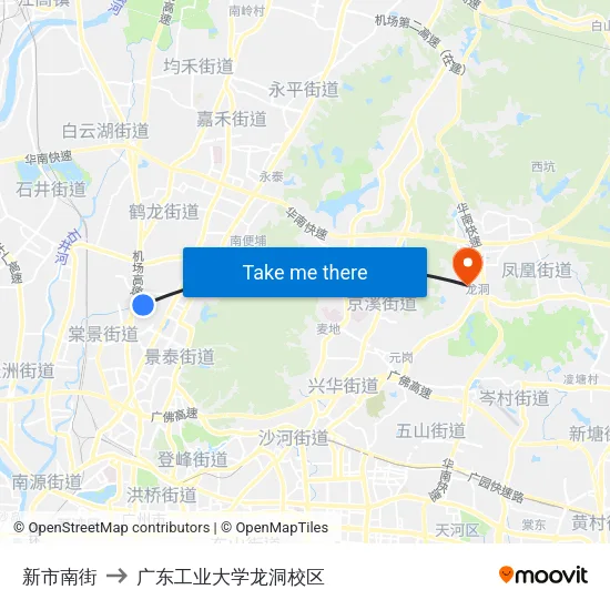 新市南街 to 广东工业大学龙洞校区 map