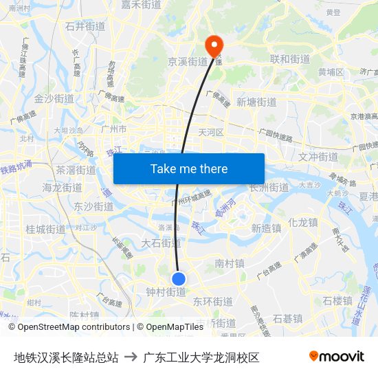 地铁汉溪长隆站总站 to 广东工业大学龙洞校区 map