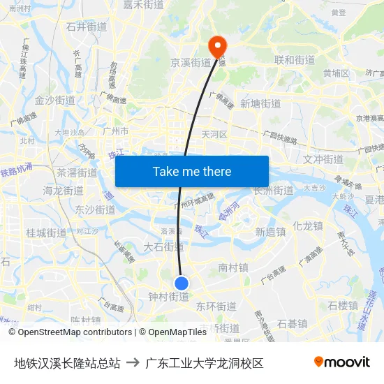 地铁汉溪长隆站总站 to 广东工业大学龙洞校区 map