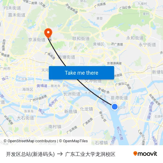 开发区总站(新港码头) to 广东工业大学龙洞校区 map