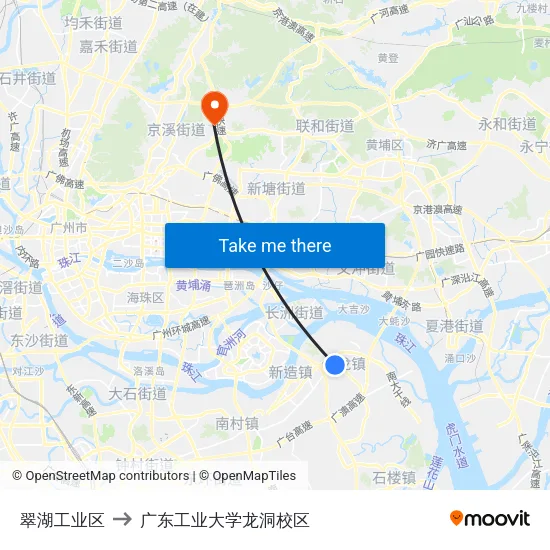 翠湖工业区 to 广东工业大学龙洞校区 map