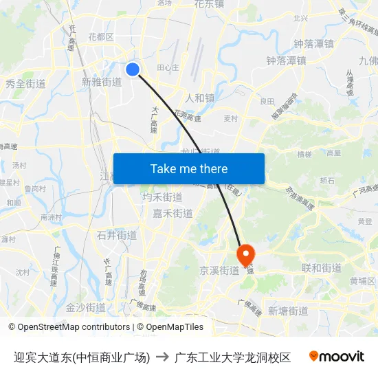 迎宾大道东(中恒商业广场) to 广东工业大学龙洞校区 map