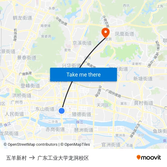 五羊新村 to 广东工业大学龙洞校区 map