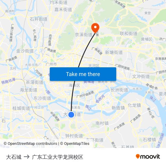 大石城 to 广东工业大学龙洞校区 map