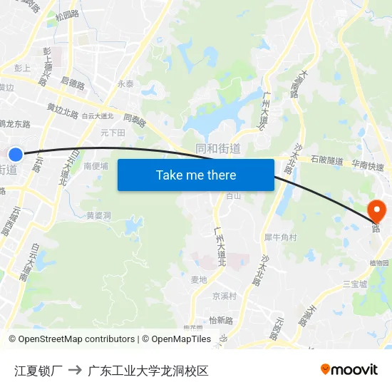 江夏锁厂 to 广东工业大学龙洞校区 map