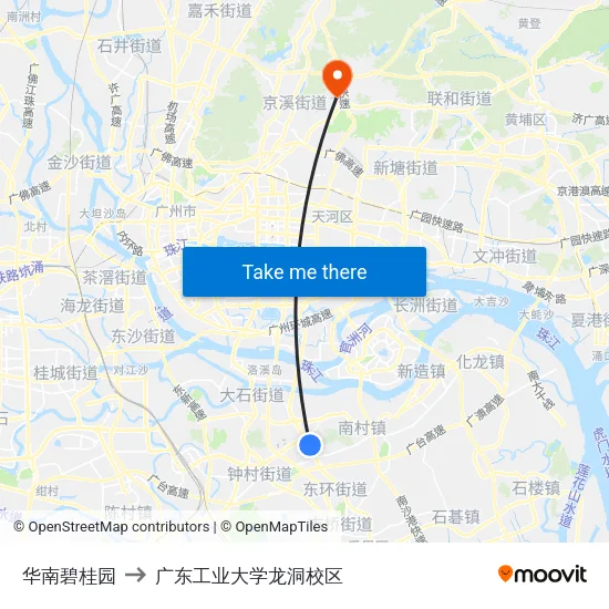 华南碧桂园 to 广东工业大学龙洞校区 map