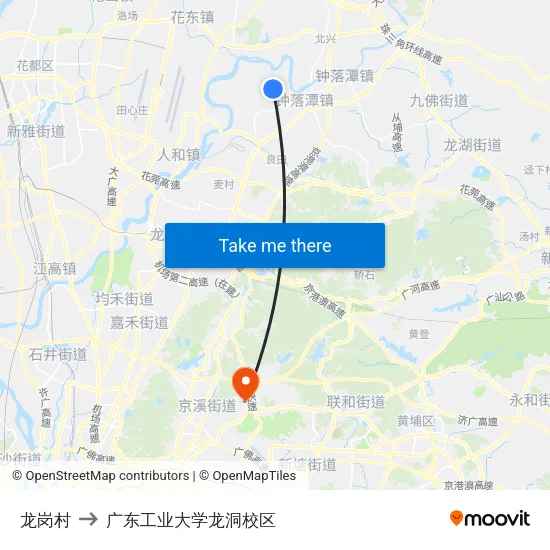 龙岗村 to 广东工业大学龙洞校区 map