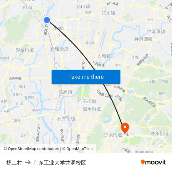 杨二村 to 广东工业大学龙洞校区 map