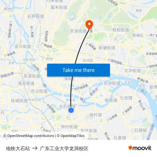 地铁大石站 to 广东工业大学龙洞校区 map