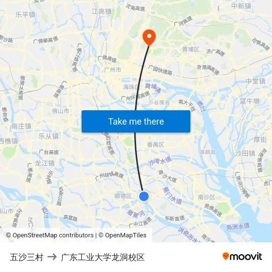 五沙三村 to 广东工业大学龙洞校区 map